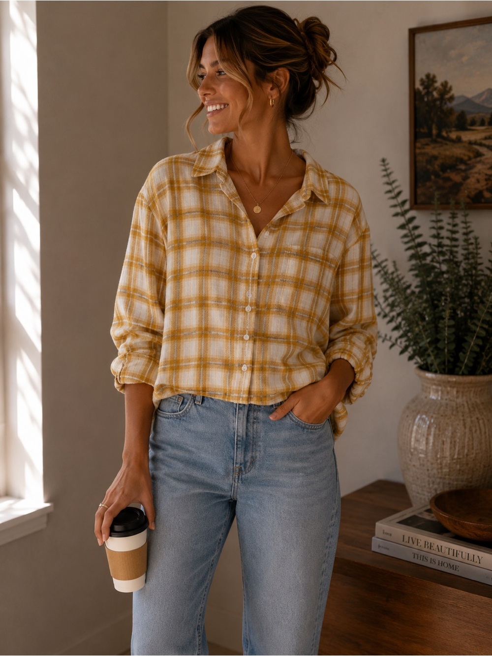 American Eagle Outfitters Yellow and White Plaid Button-Down Shirt